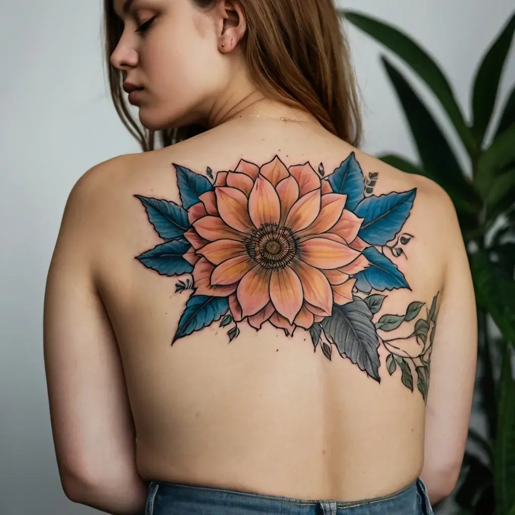 Back tattoo of a large, colorful flower with pink petals and vibrant blue leaves, blending natural elegance and boldness.