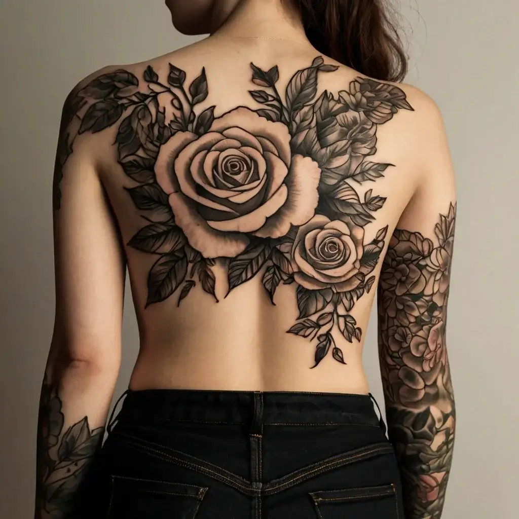 Intricate black and gray rose tattoo with detailed leaves covering the back, featuring bold shading and realistic petals.