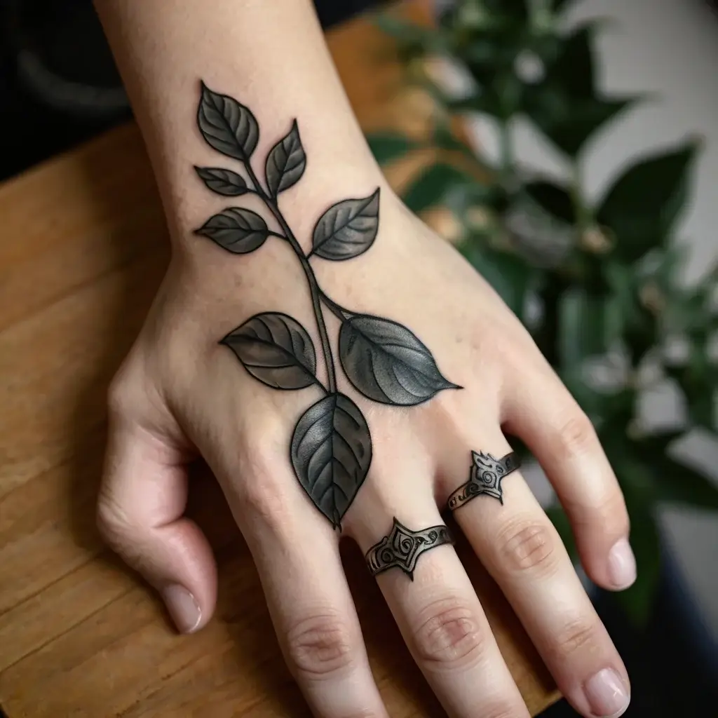 Tattoo of a black ink branch with detailed leaves extends across the hand, blending nature’s elegance with minimalism.