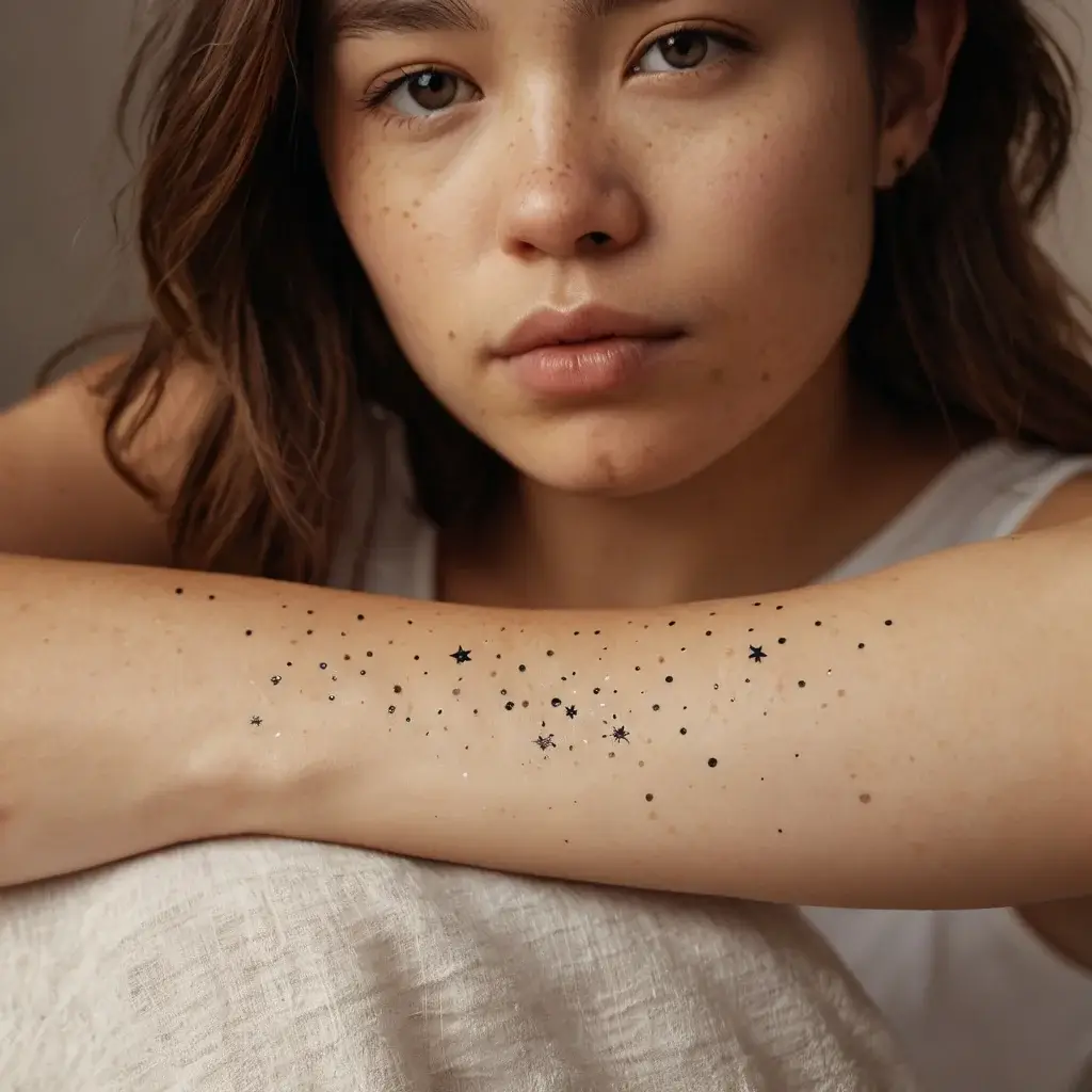 Tattoo of scattered black stars and dots across the forearm, resembling a starry night sky.