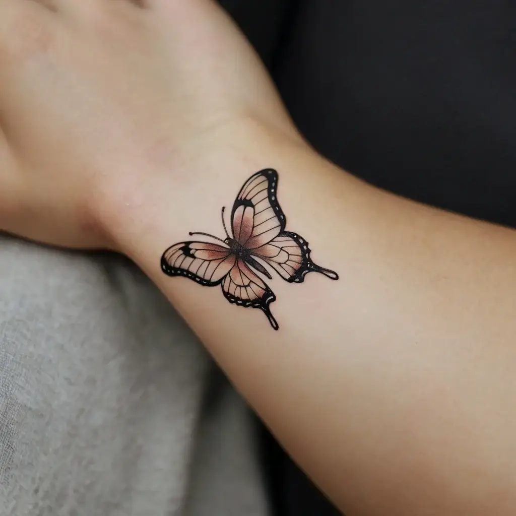 Elegant butterfly tattoo with gradient pink wings and bold black outlines on the wrist.