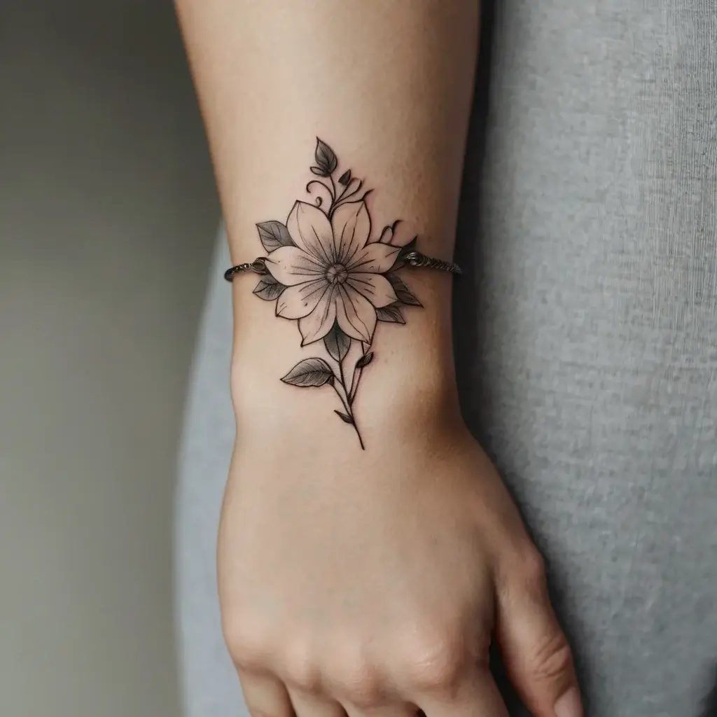 Delicate wrist tattoo of a shaded flower with detailed petals and leaves, emphasizing elegance and grace.