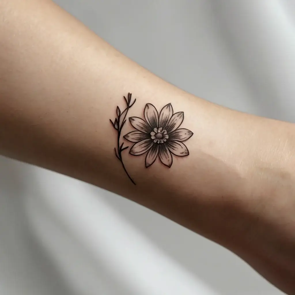 Minimalist black ink tattoo of a blooming flower and delicate branch, symbolizing growth and beauty.