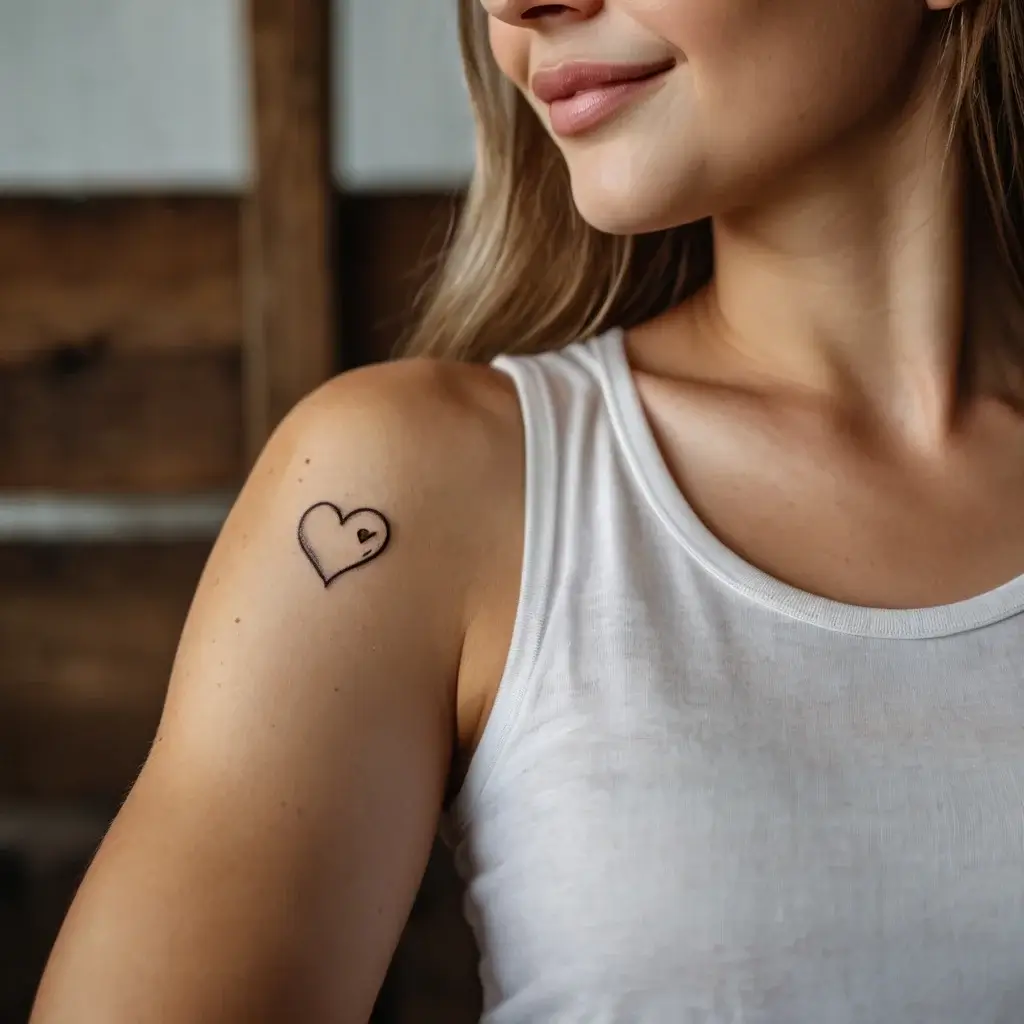 A simple outline of a heart with a smaller heart inside, inked on the upper arm, symbolizing love and affection.