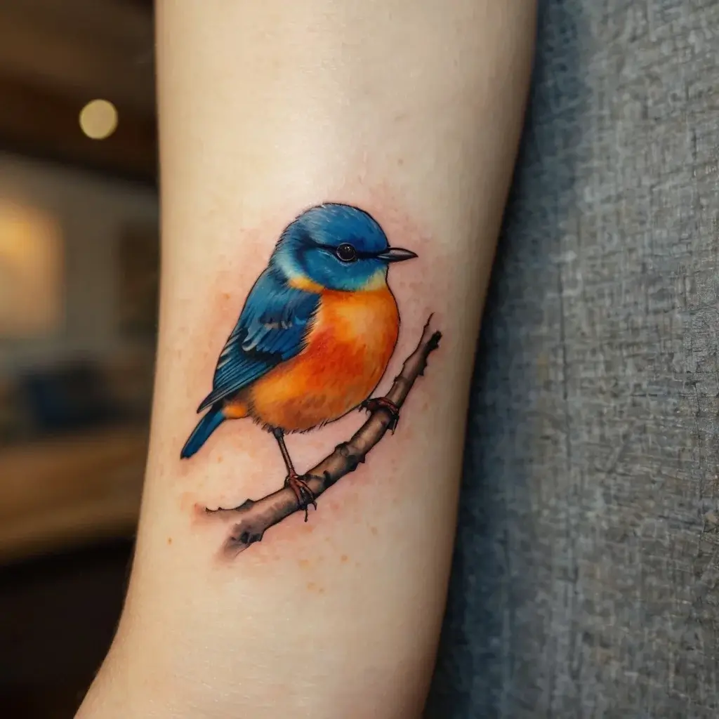 Realistic tattoo of a vibrant blue and orange bird perched on a branch, showcasing intricate color shading.