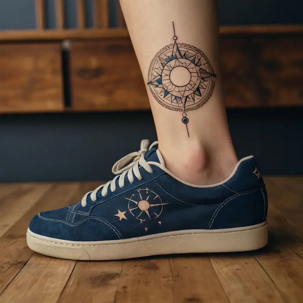 Geometric compass tattoo on calf with intricate mandala design, emphasizing direction and balance.