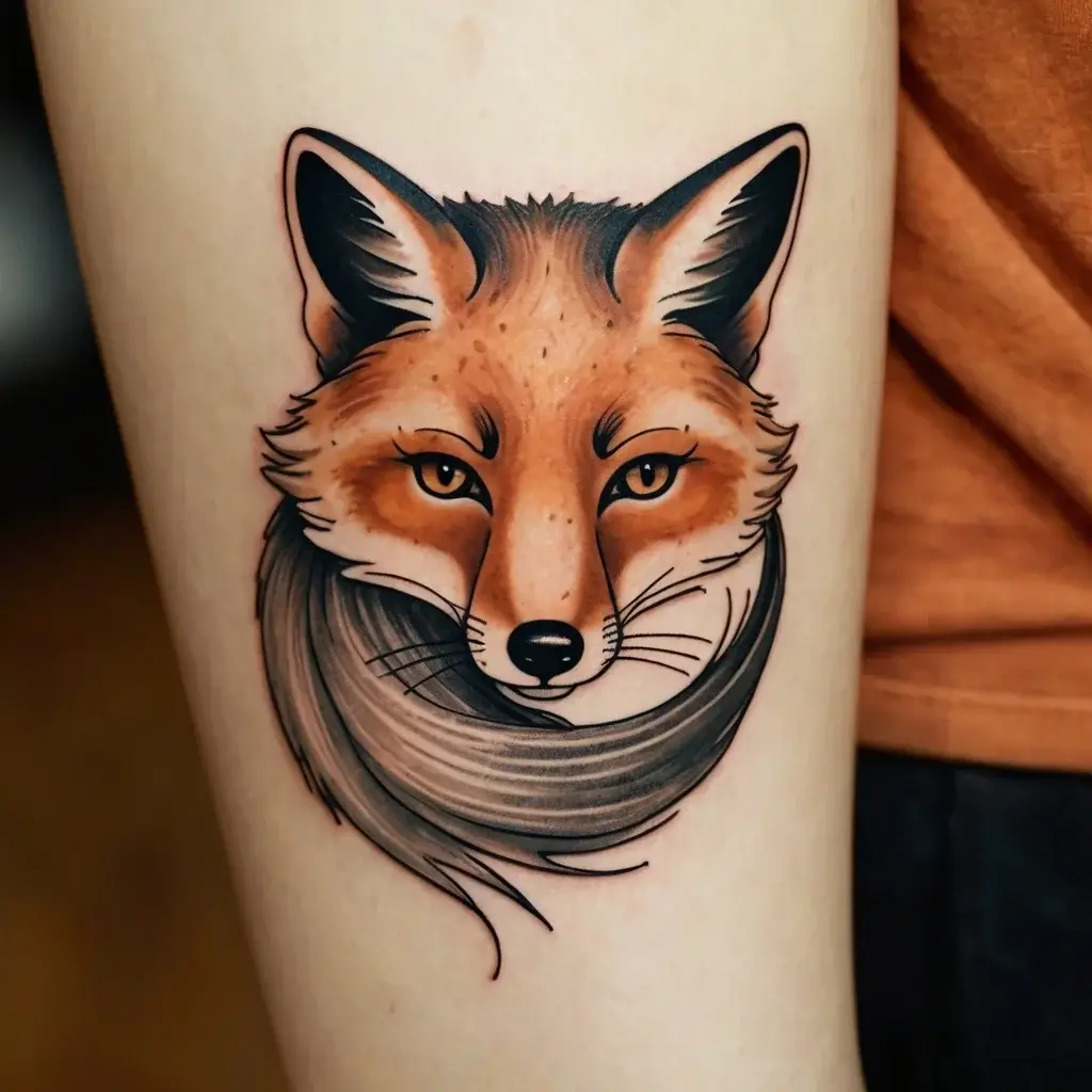 Stylized fox head tattoo with vibrant orange and black shading, featuring detailed eyes and a swirling tail motif.