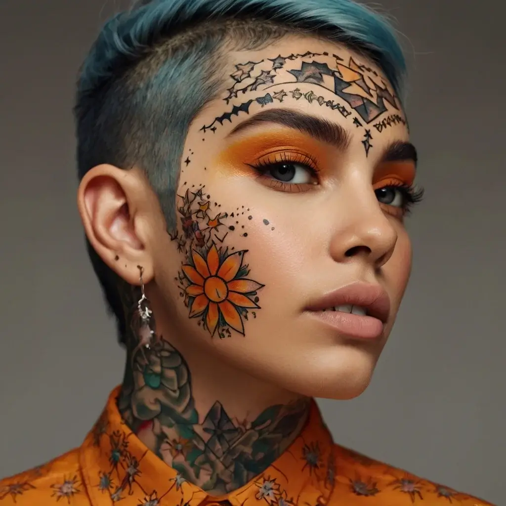 Colorful tattoos with stars across the forehead, floral designs on the cheek, and a dragon on the neck, merging artistry.