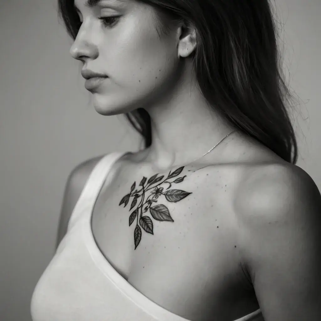 Black ink chest tattoo featuring a floral branch with leaves, creating a graceful, natural look across the collarbone.