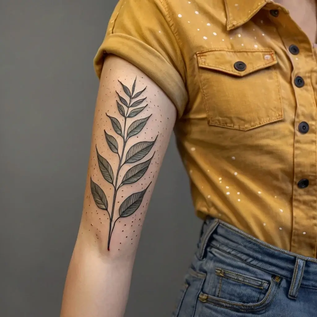 Black ink botanical tattoo of a slender branch with stylized leaves on the arm, accented by dotwork shading.