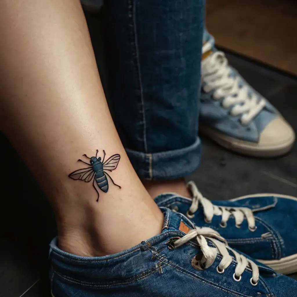 Tattoo of a minimalist bee with black outlines and blue shading, placed on the inner ankle above blue sneakers.