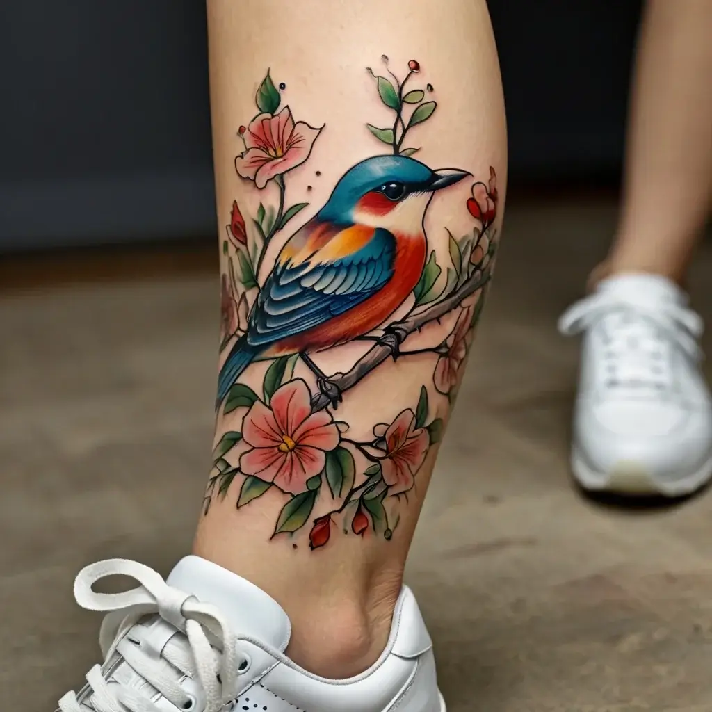 Tattoo of a vibrantly colored bird perched on a branch surrounded by pink flowers and green leaves on a calf.