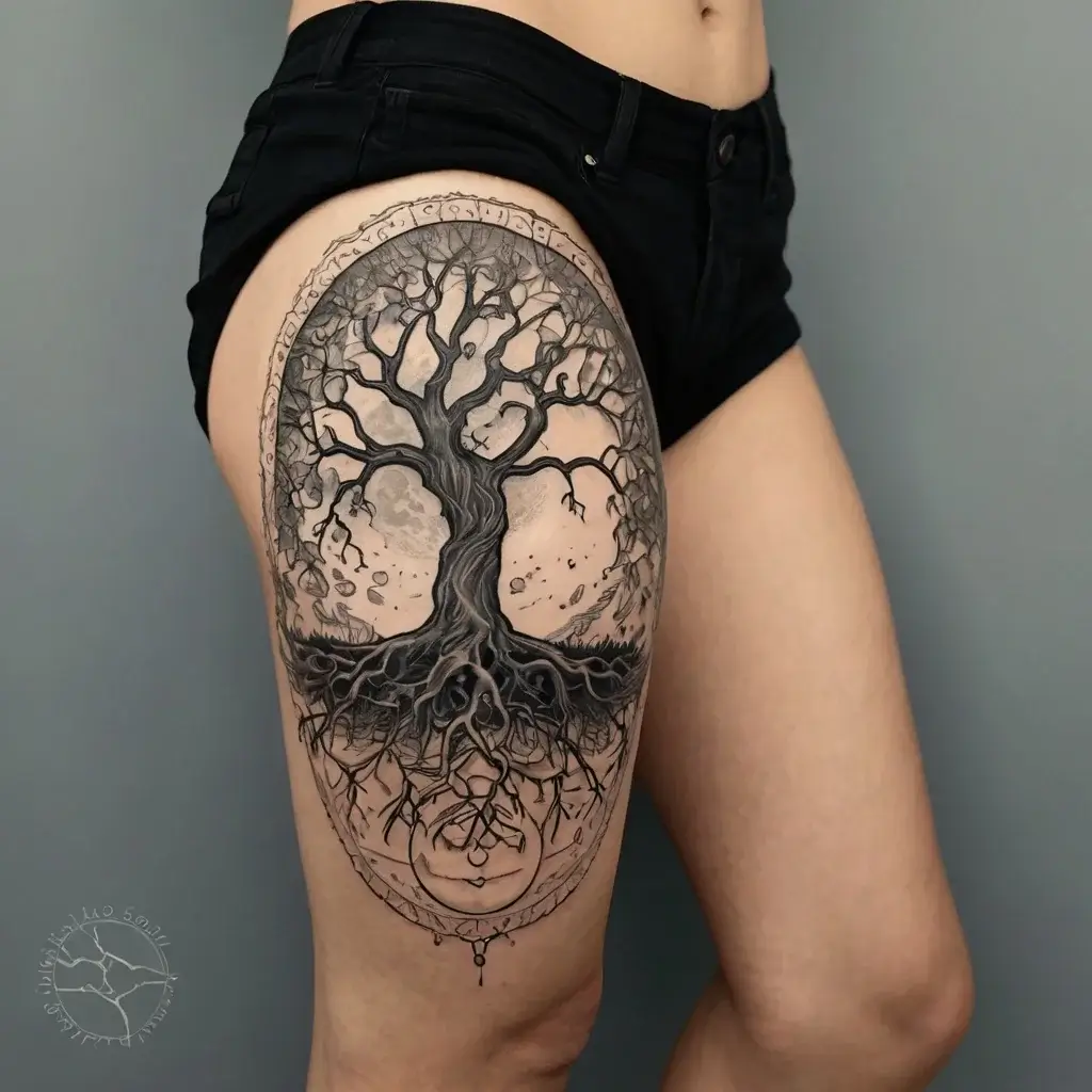 Intricate tree of life tattoo on thigh, featuring detailed branches and roots within a circular design, symbolizing growth.