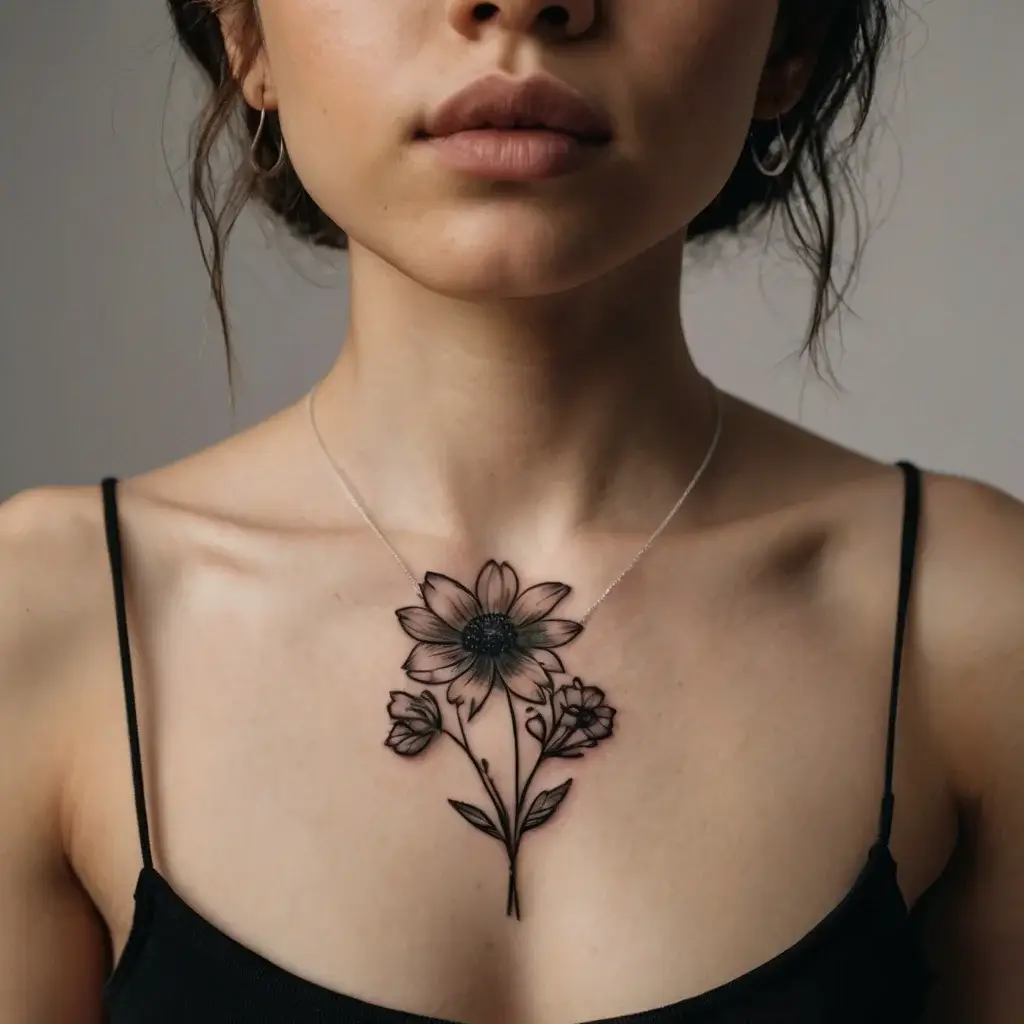 Chest tattoo of a large daisy with delicate shading surrounded by smaller blossoms, featuring detailed line work.