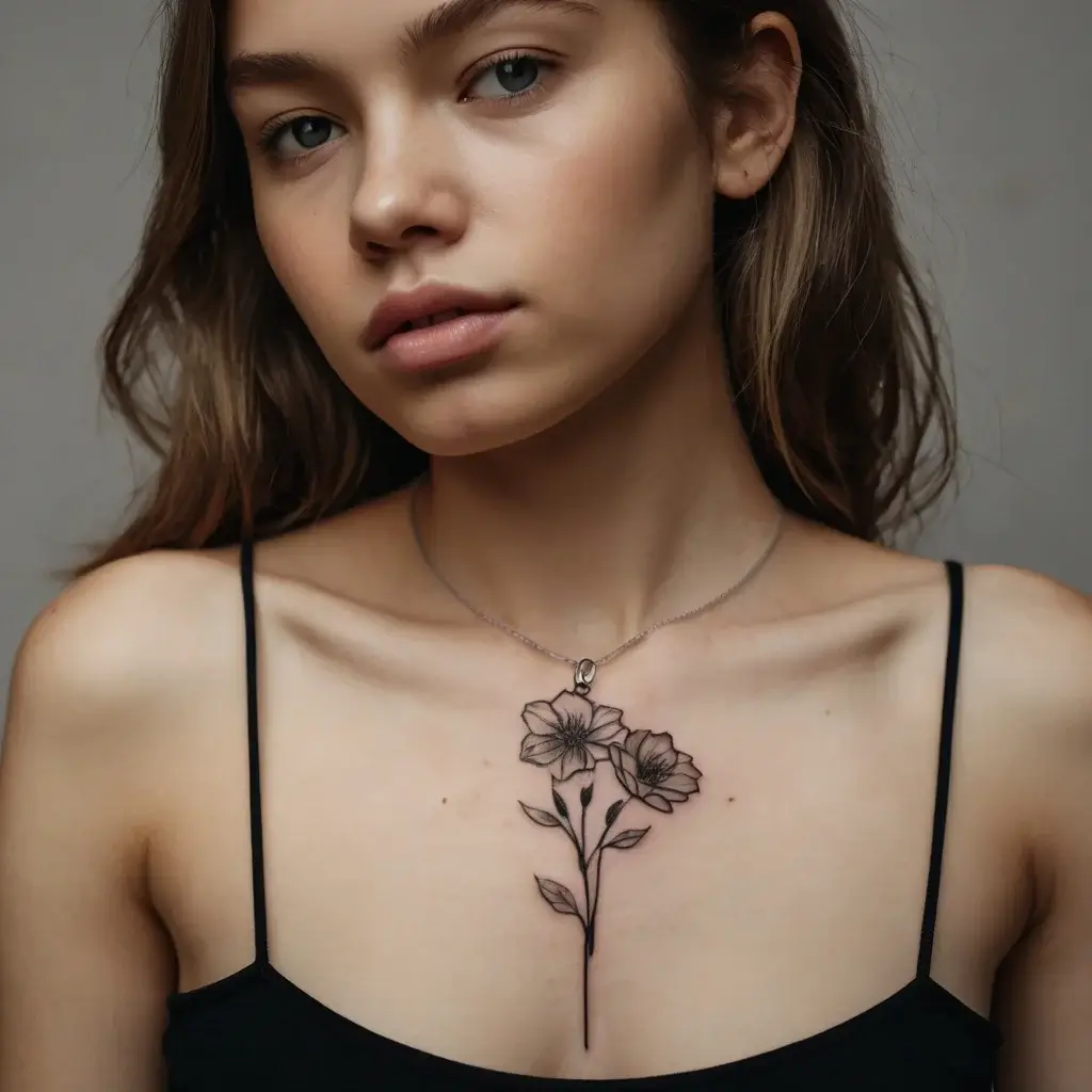 Delicate black ink tattoo of two flowers with leaves on the chest, showcasing minimalist line work and shading.