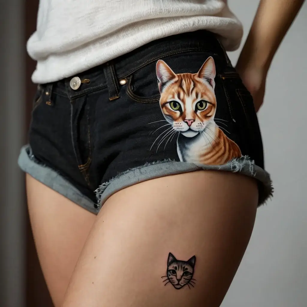 Small black outline tattoo of a cat's face on the thigh, capturing simple details for a minimalist look.