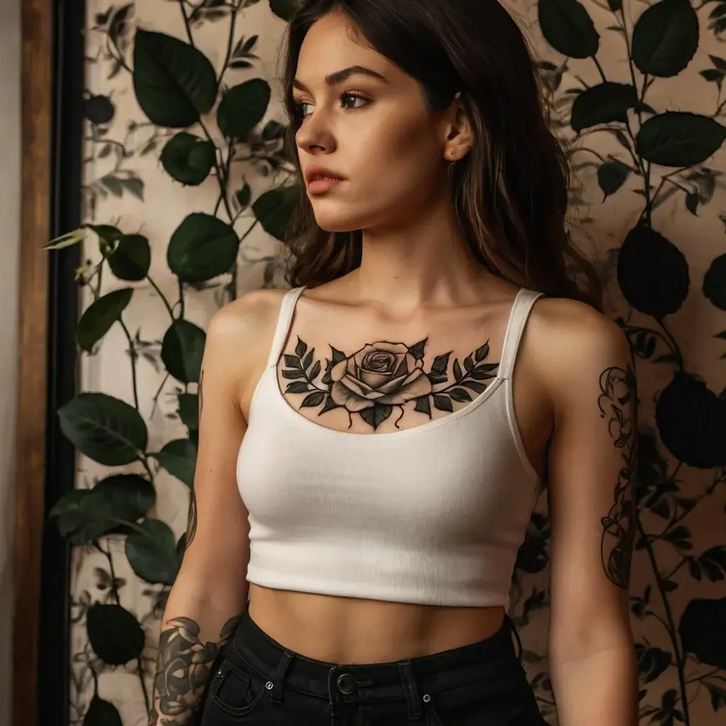 Chest tattoo of a detailed rose with bold, dark leaves, perfectly centered and extending across the collarbones.