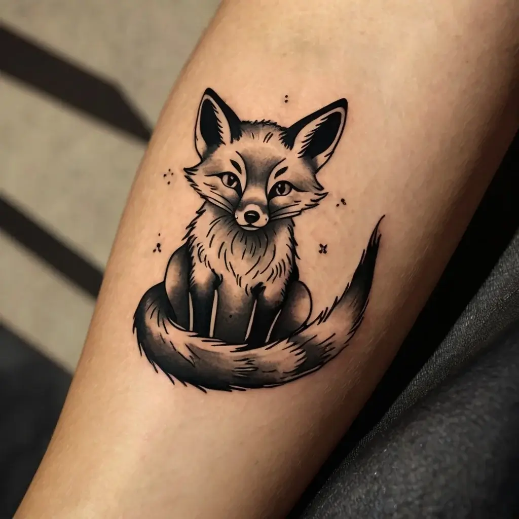 Black and gray tattoo of a sitting fox with detailed fur and bold outlines, surrounded by small decorative stars.