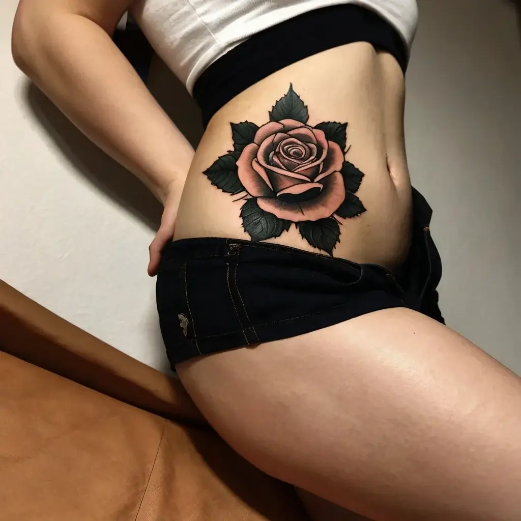 Tattoo of a large, shaded pink rose with dark green leaves on the side of the lower torso, showcasing realism and depth.