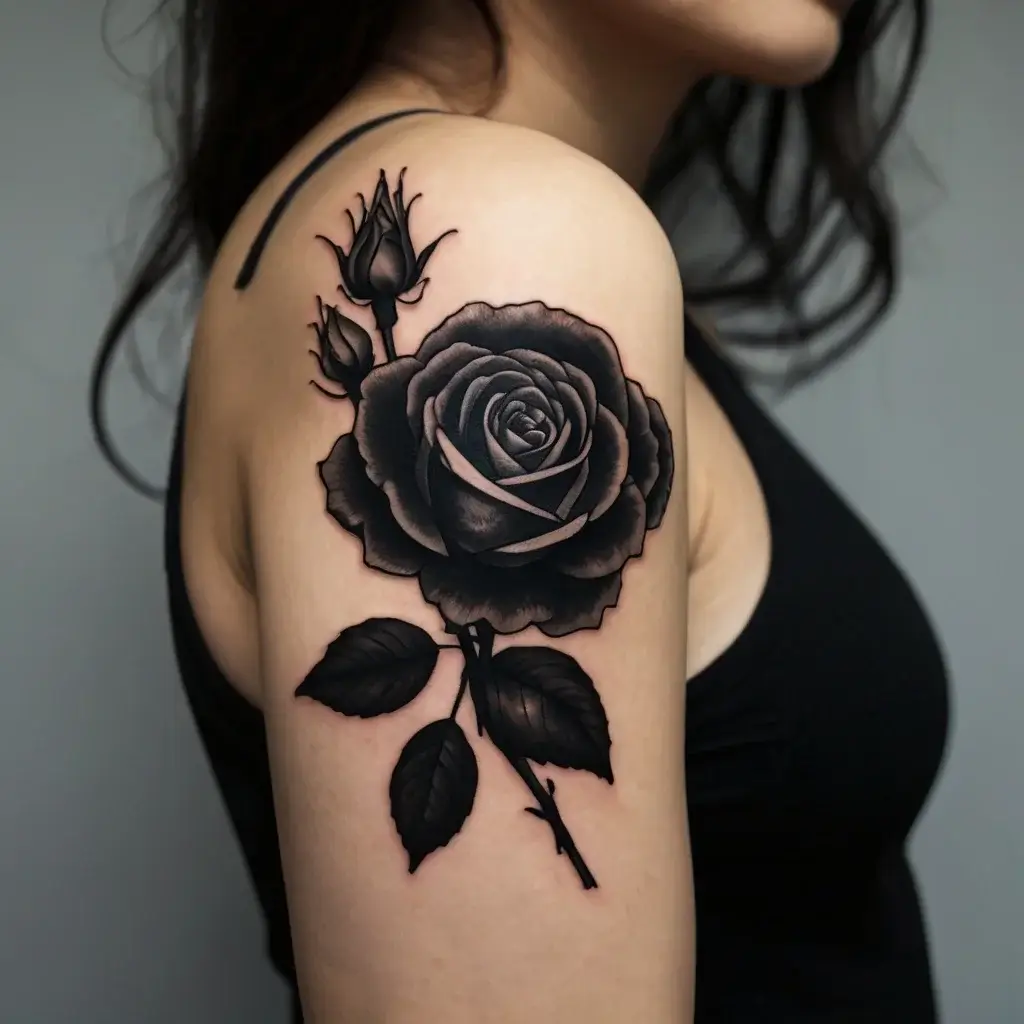 Black and gray rose tattoo on shoulder with detailed shading, featuring two buds and leaves for added elegance.