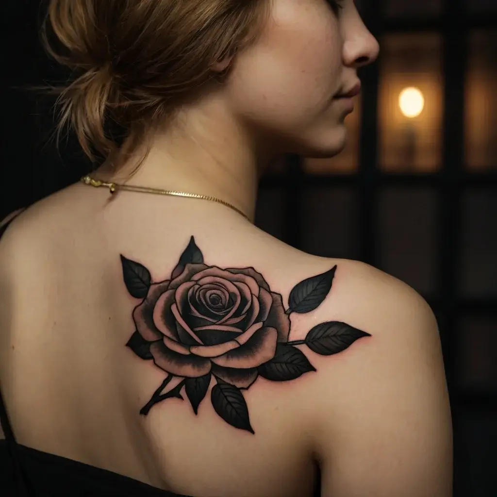 Realistic black and gray rose tattoo on shoulder with detailed petals and bold leaves, showcasing intricate shading and depth.