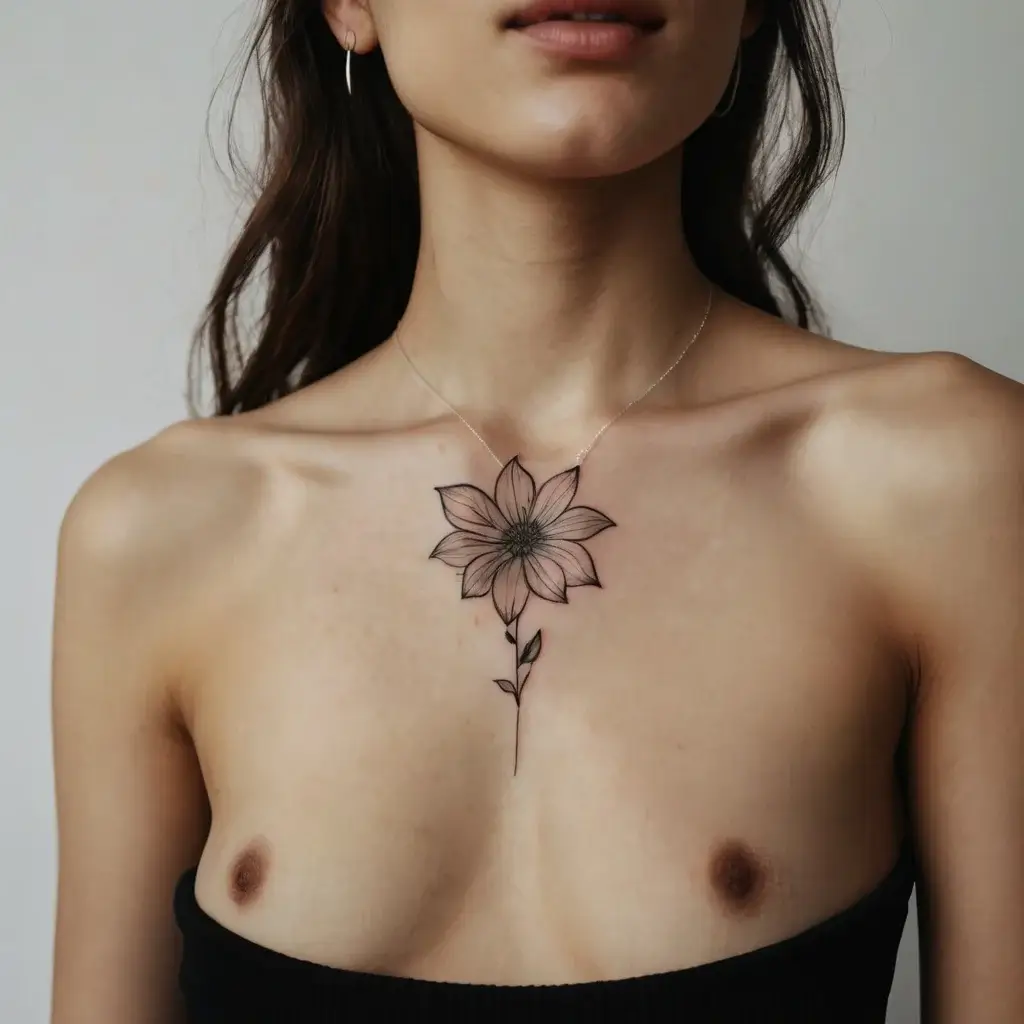 Minimalist floral tattoo on the chest with a large flower and delicate stem, showcasing fine linework and subtle shading.