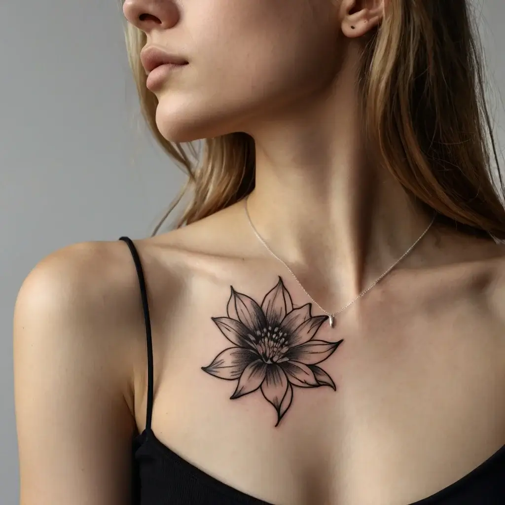 Black ink flower tattoo with detailed shading on the chest, symbolizing beauty and strength.