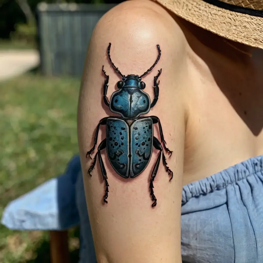 A realistic blue beetle tattoo on the upper arm, detailed with textured wings and intricate antennae, showcasing vibrant hues.