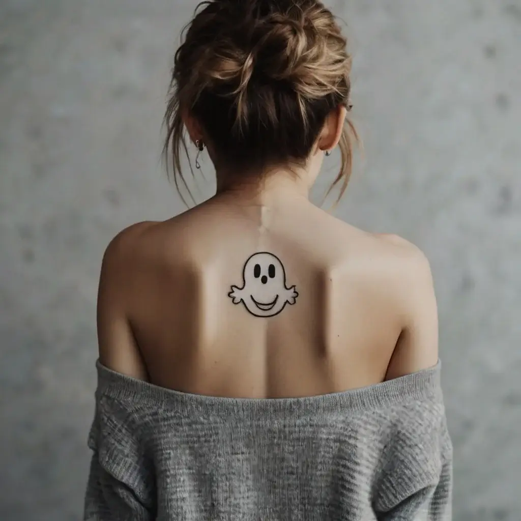 A simple, bold black outline of a cartoon ghost with a smiling face tattooed on the upper back.