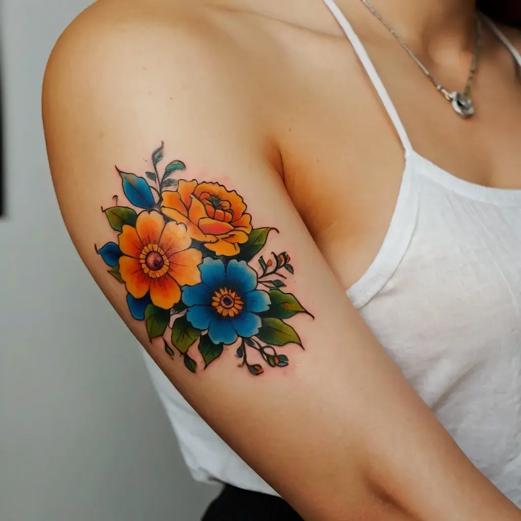 Vibrant tattoo of blue and orange flowers with green leaves, artistically arranged on the upper arm against a white top.