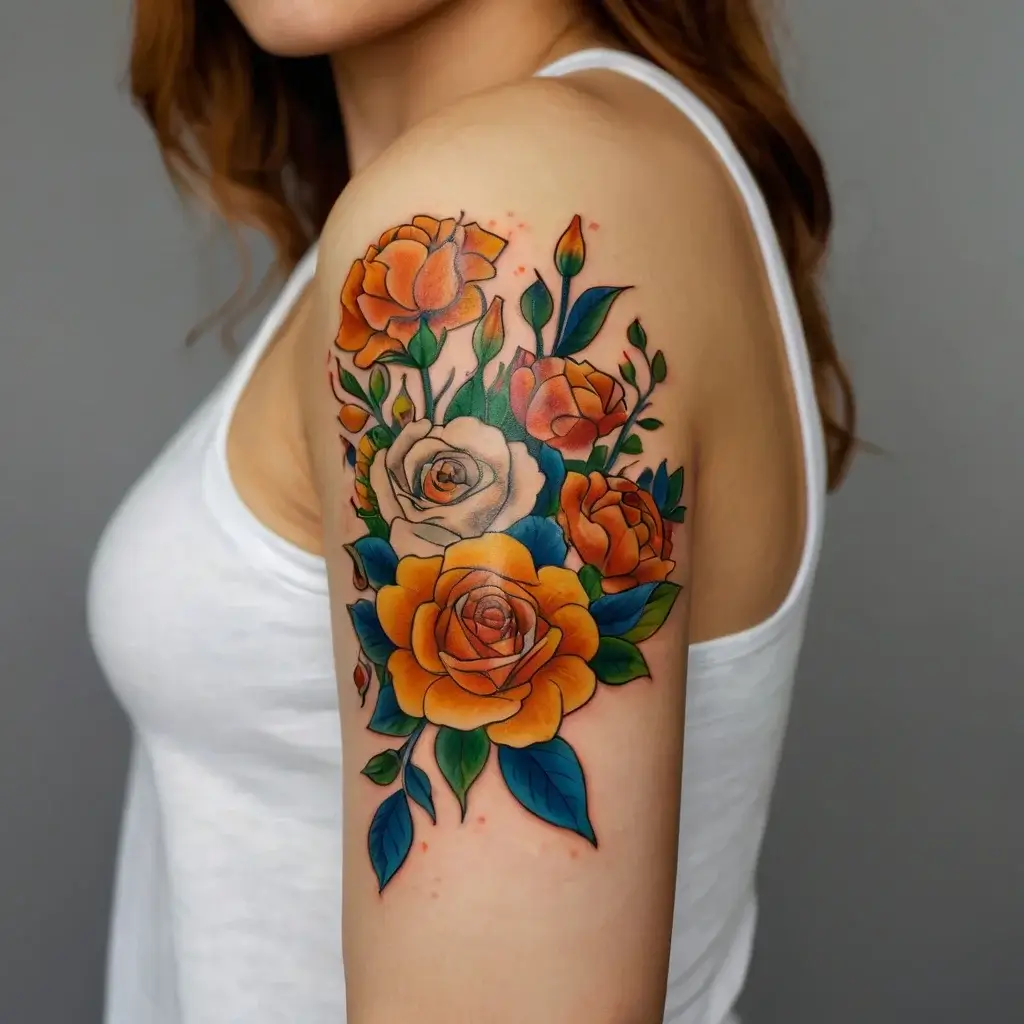 Colorful rose tattoo on upper arm, featuring vibrant orange and cream flowers with green leaves, creating a vivid bouquet.