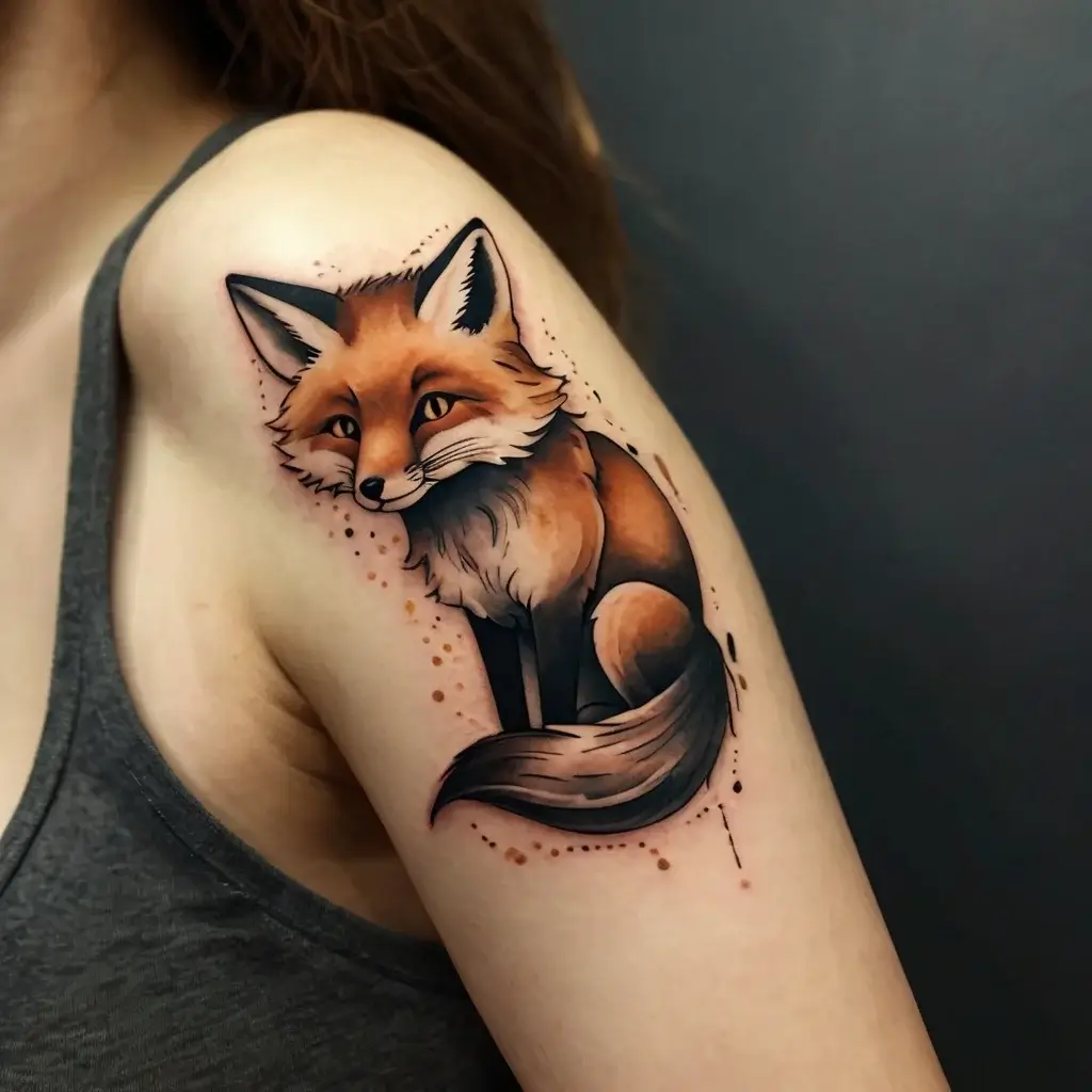 Tattoo of a realistic fox on the upper arm, featuring detailed fur shading and warm tones, set against subtle splatter effects.