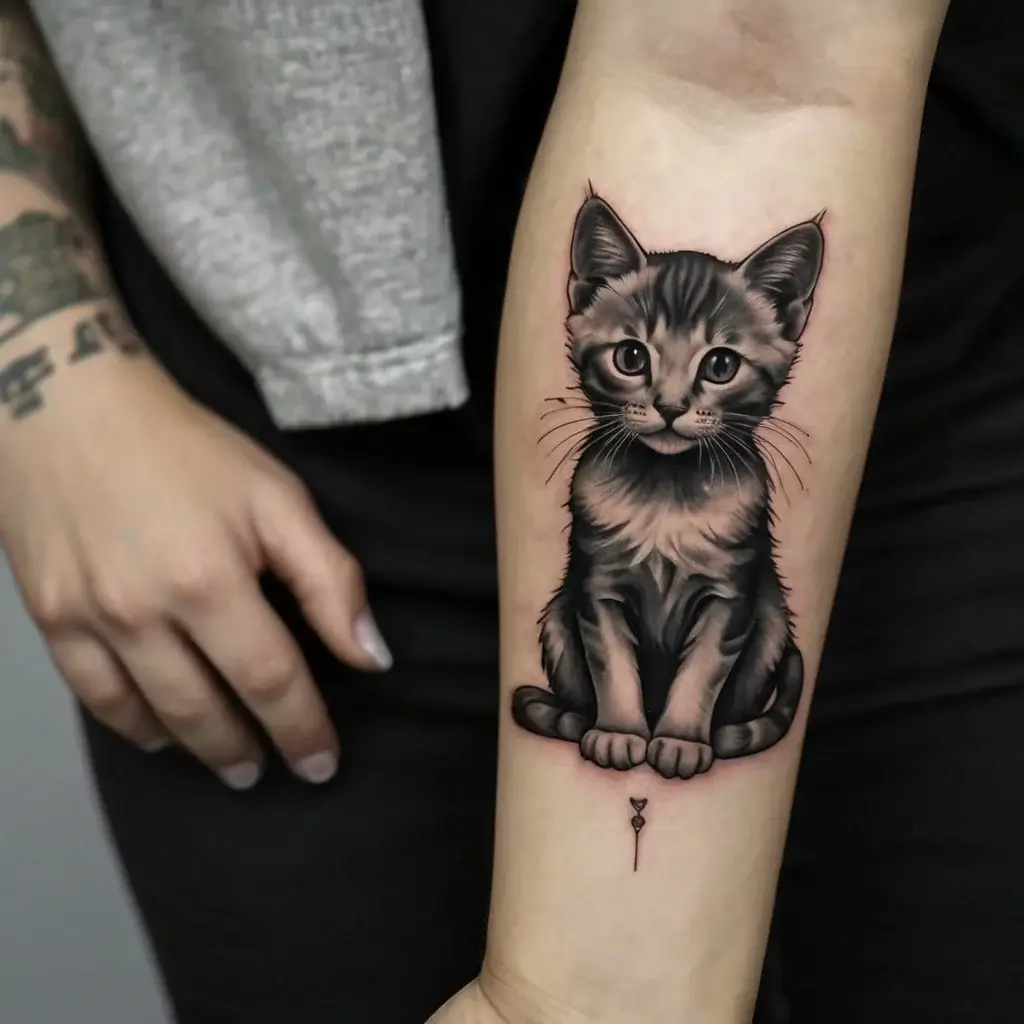 Realistic black and gray kitten tattoo on forearm, featuring detailed fur texture and a small arrow beneath.