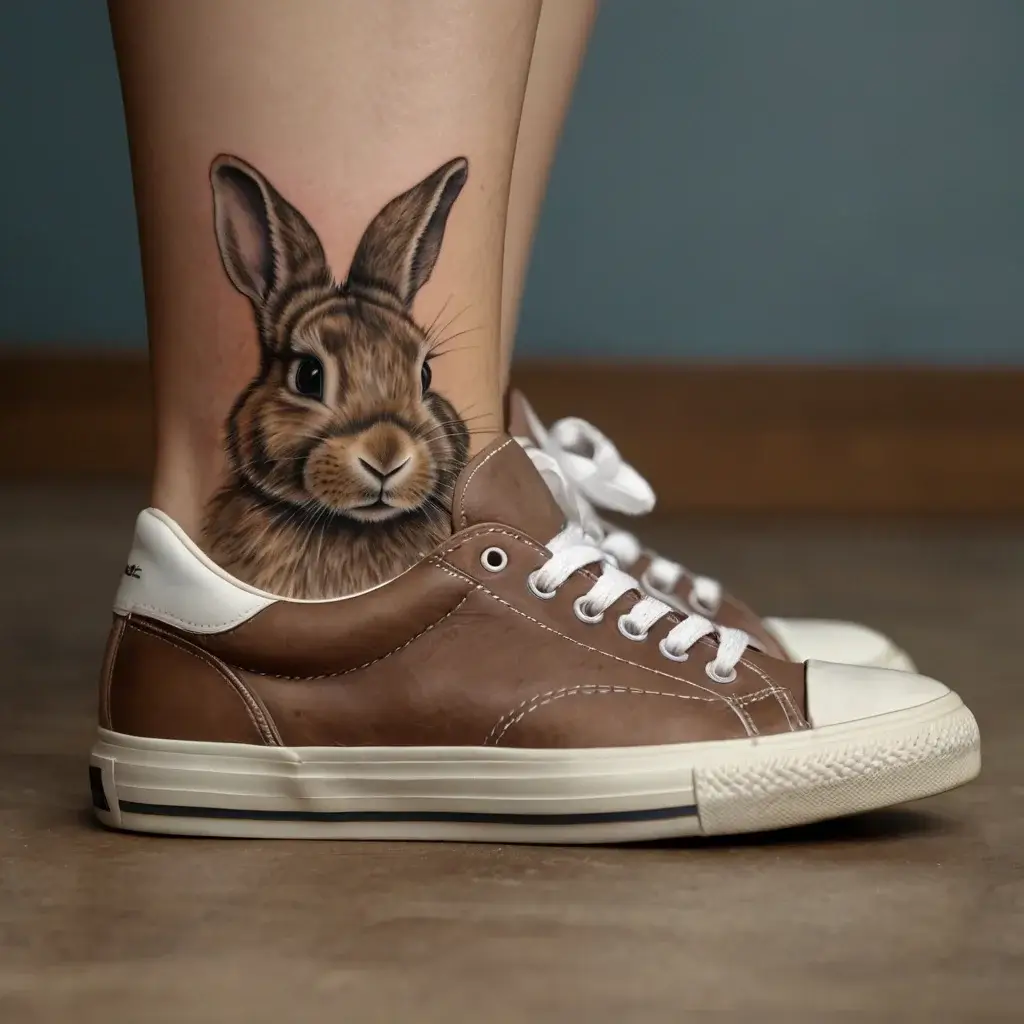 Realistic rabbit tattoo on the ankle, detailed fur and lifelike eyes, peeking from above a brown sneaker.