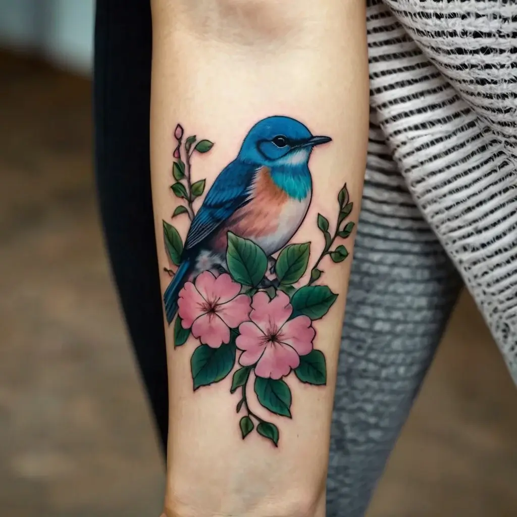 A vibrant bluebird perched on pink flowers with lush green leaves, symbolizing freedom and natural beauty.