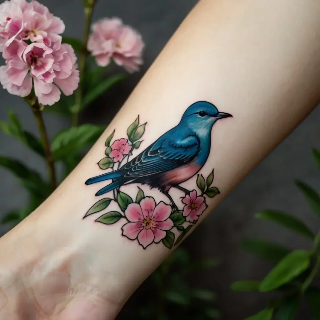 Colorful tattoo of a bluebird perched on pink blossoms, detailed feathers, and leaves with soft shading.