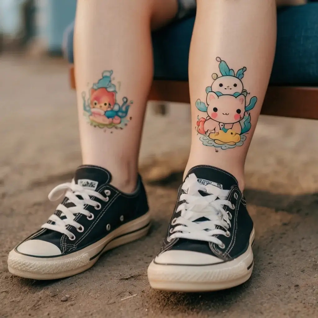 Cute animal tattoos: left leg features a pink capybara, right leg has a smiling fox and duck on blue and yellow clouds.