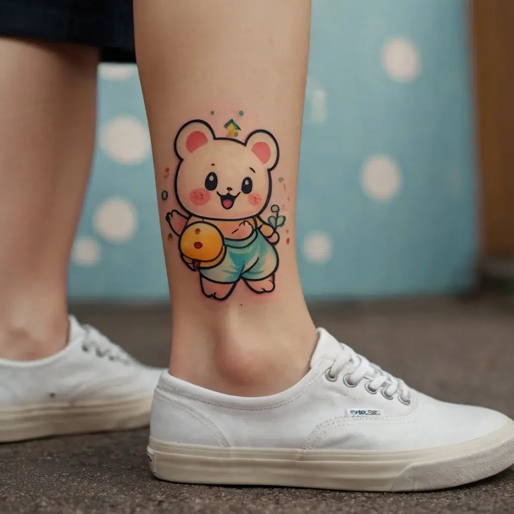 Cute bear tattoo on leg, wearing blue shorts and holding a peach, surrounded by colorful dots and shapes.