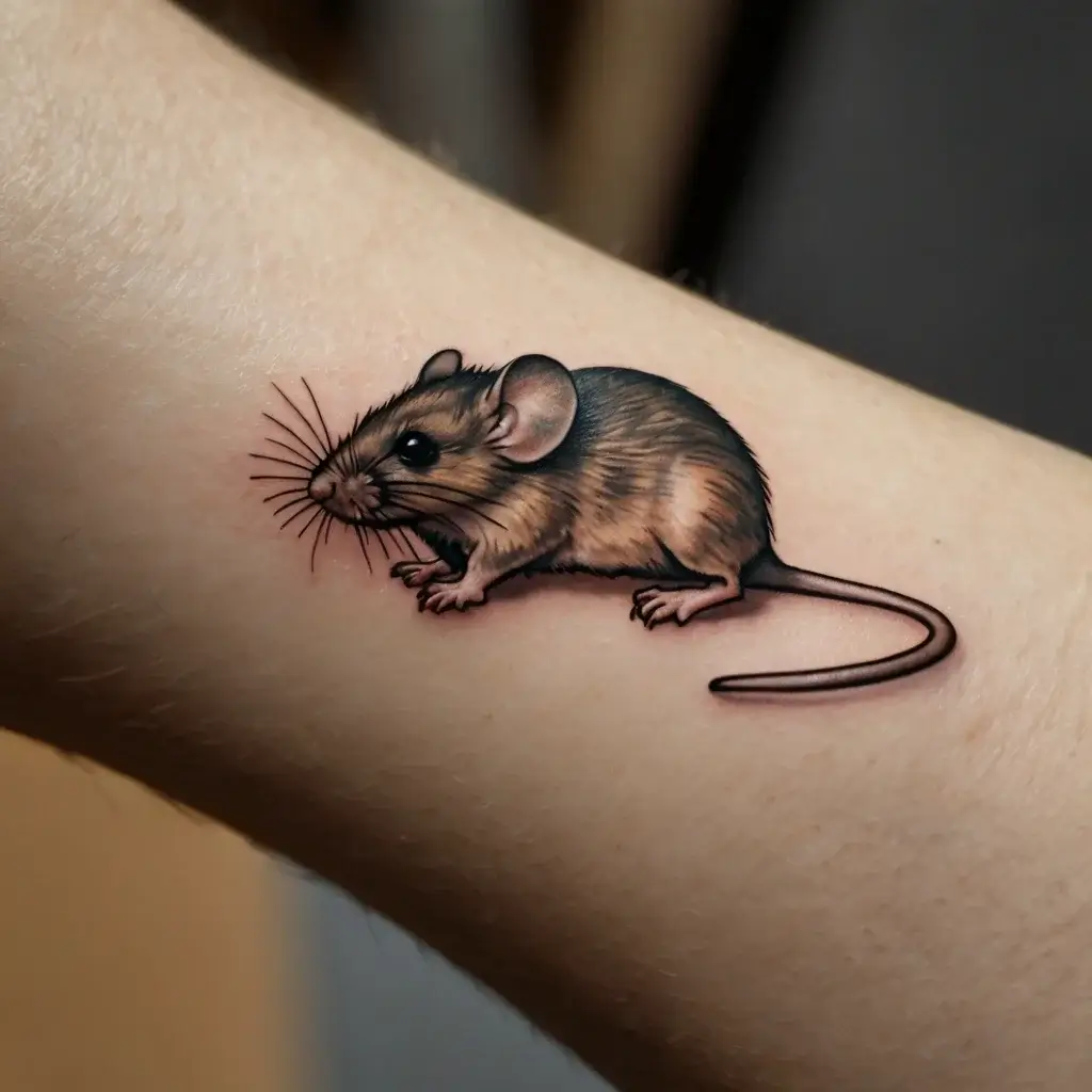 Realistic mouse tattoo with detailed fur and whiskers, sitting on the skin, showcasing skilled shading and vibrant colors.