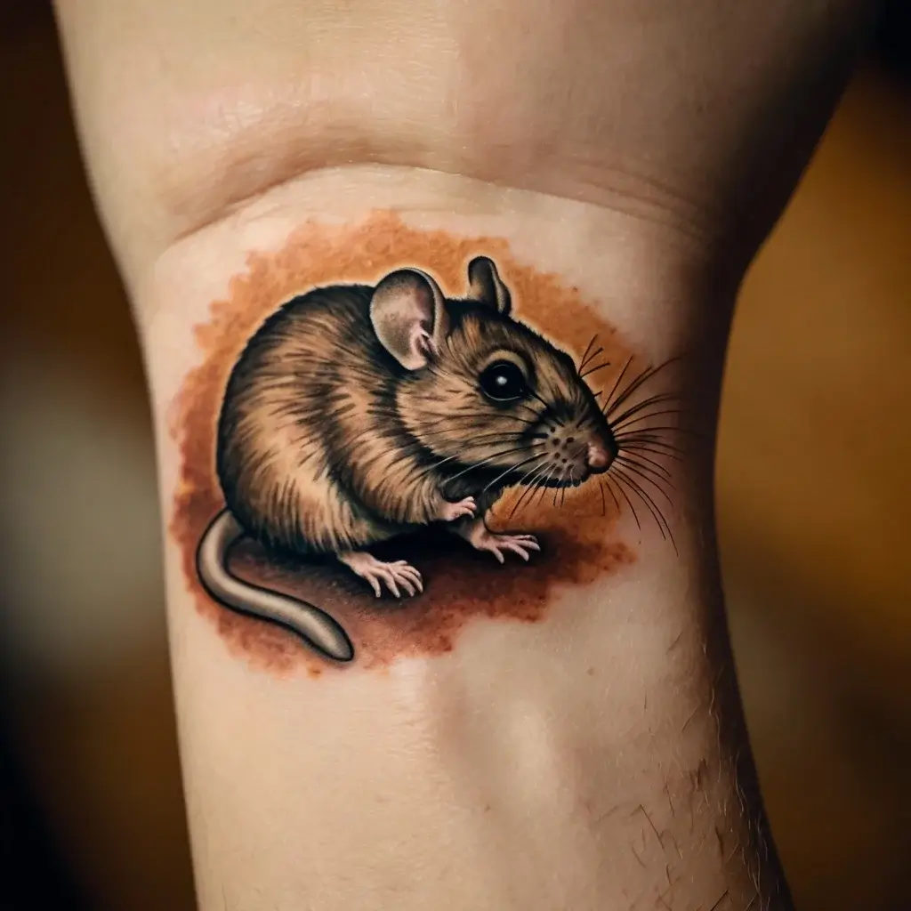 Realistic mouse tattoo on wrist, featuring detailed shading and a warm, earthy background, capturing lifelike texture.