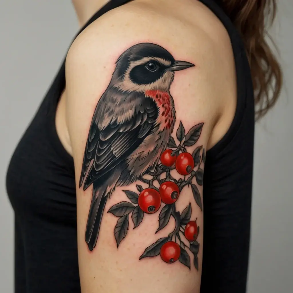 Tattoo of a detailed bird perched on a branch with vibrant red berries and dark green leaves on the upper arm.