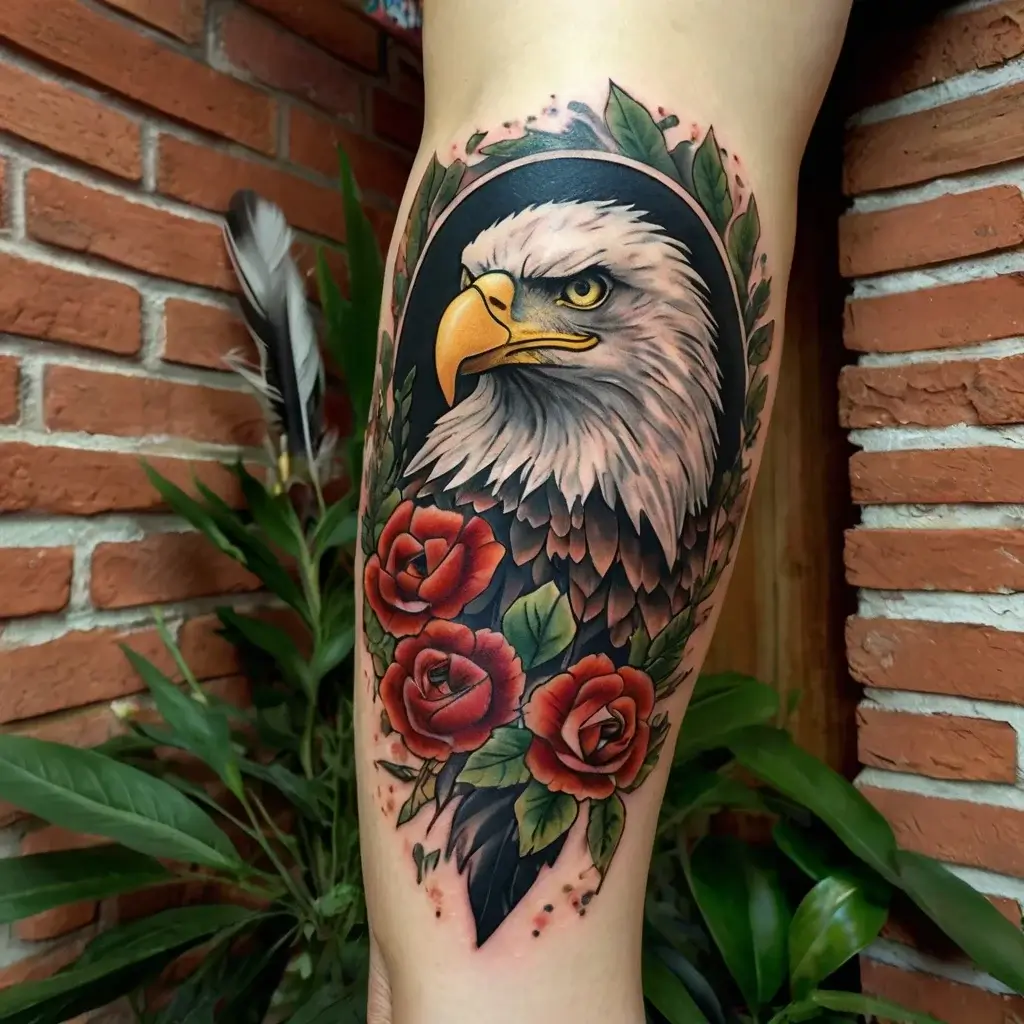 Tattoo of a fierce eagle head and vibrant roses with lush leaves, set against a bold black background.