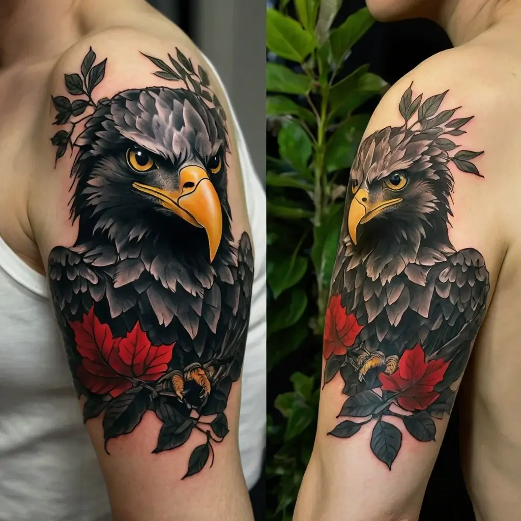 Bold eagle tattoo with lifelike eyes, surrounded by vibrant red leaves and green branches, symbolizing strength and nature.