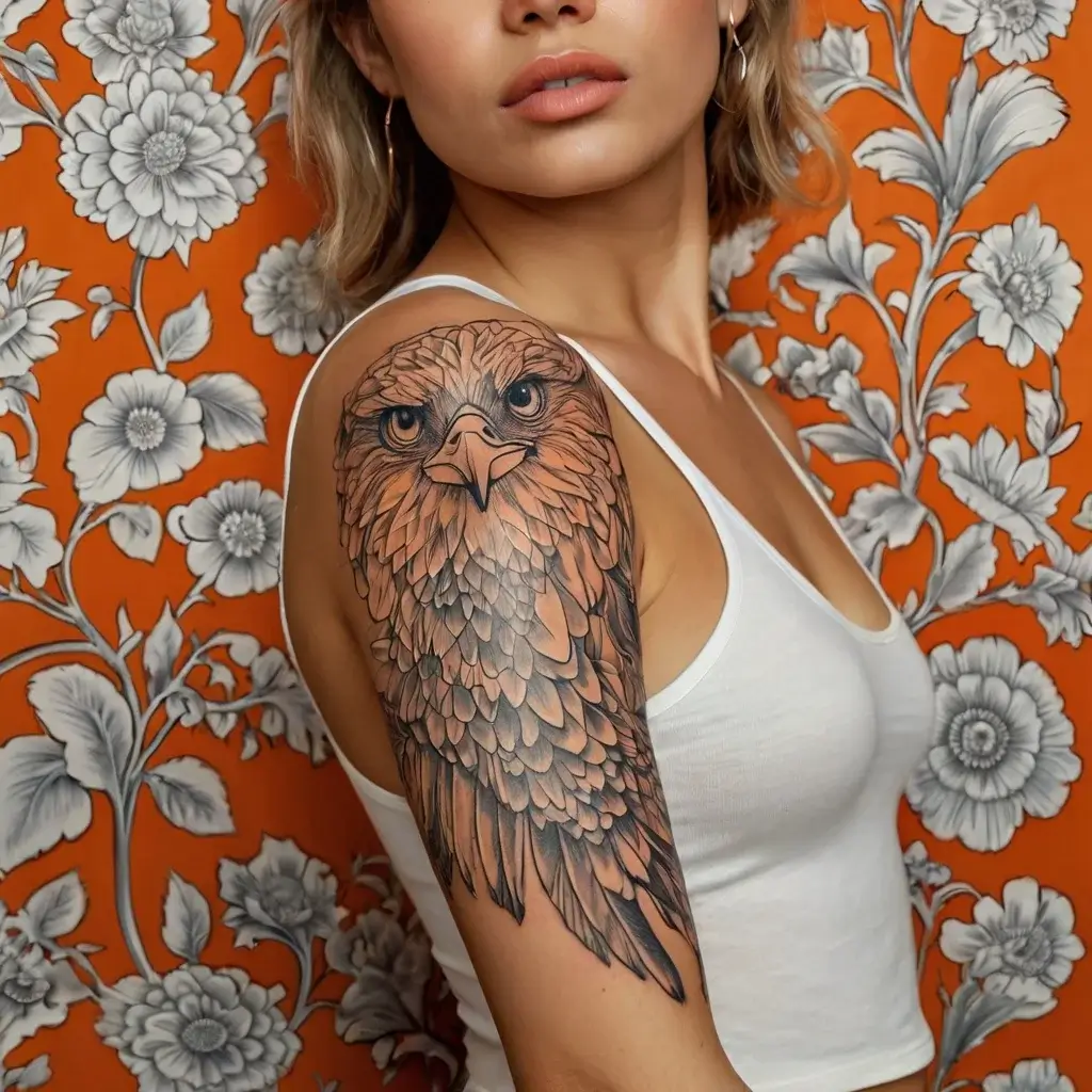 Realistic hawk tattoo on upper arm with intricate feather details, conveying strength and freedom.