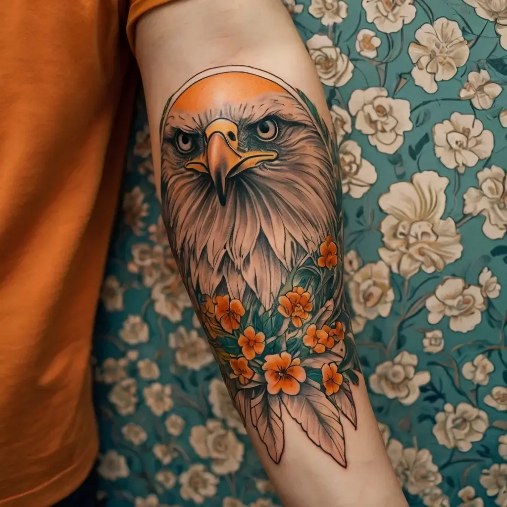 Tattoo of a fierce eagle head with orange accents framed by vivid orange flowers and green leaves on the forearm.