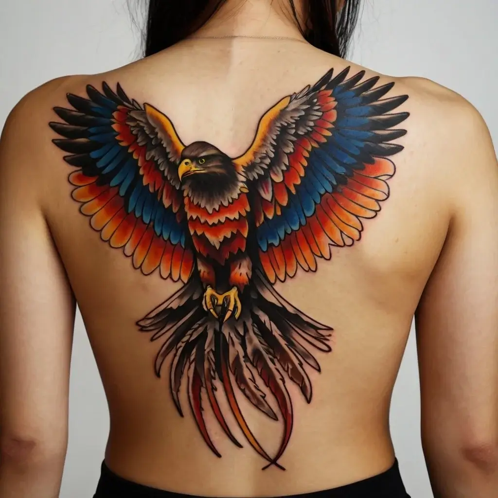 A vibrant full-back tattoo of an eagle with outstretched wings, featuring vivid red, blue, and orange feathers.