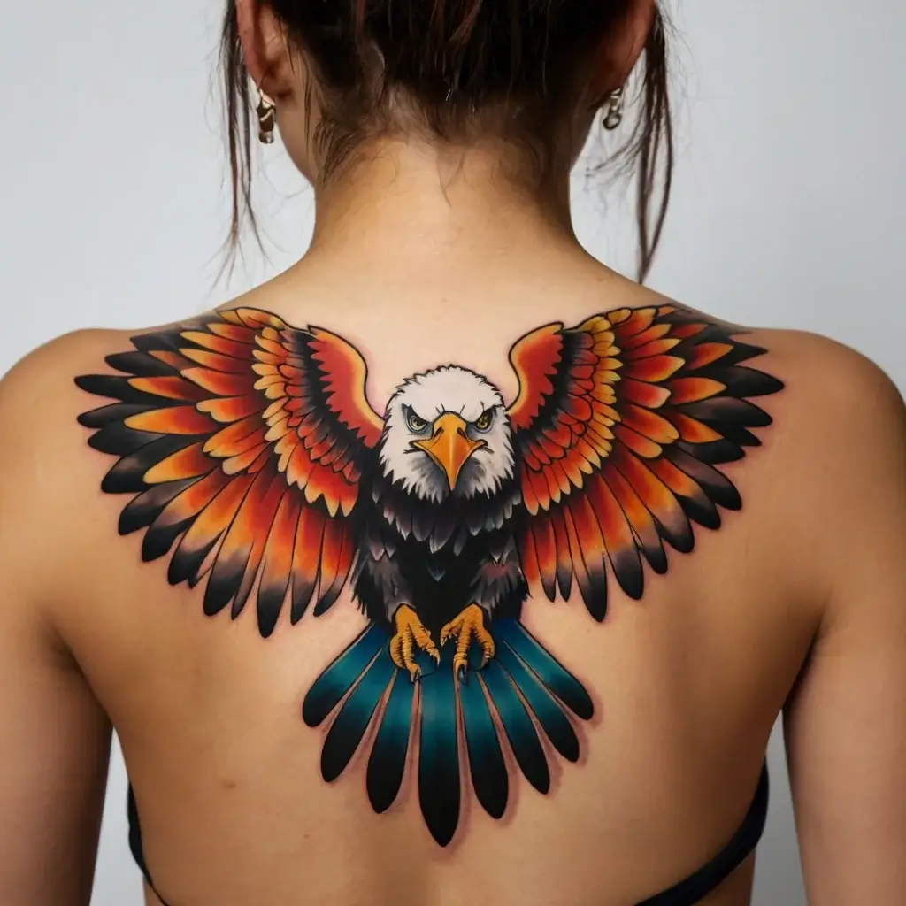 Vibrant eagle tattoo spreads across the upper back, with vivid red-orange wings and blue tail feathers.