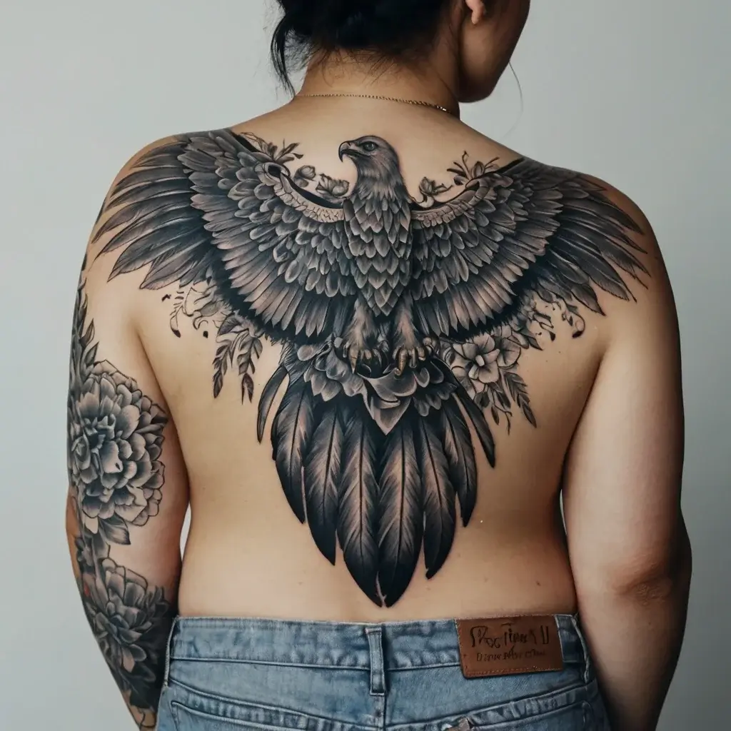 Detailed black and gray eagle tattoo spanning the back, wings outspread, with intricate feathers and floral accents.