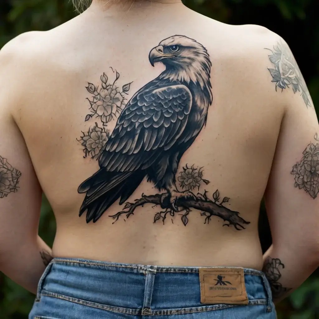 Realistic eagle tattoo on the back, perched on a branch, surrounded by delicate flowers, demonstrating strength and elegance.