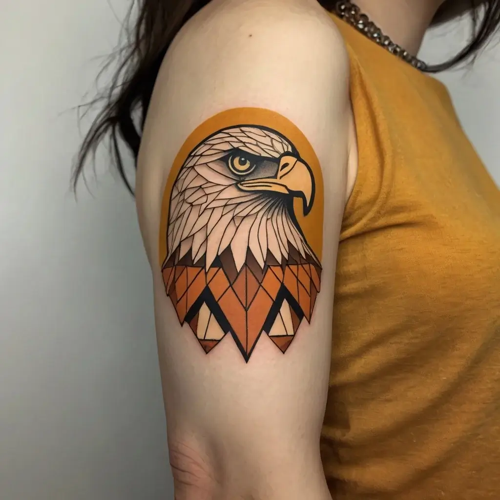 Geometric eagle tattoo on upper arm, featuring bold colors and angular shapes, emphasizing strength and freedom.